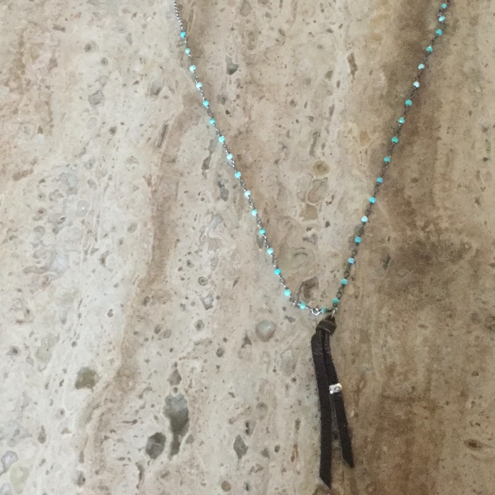 BRAND NEW Chan Luu 24” Turquoise Stones Necklace with Dark Brown Leather Fringe